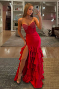 Red Sweetheart Mermaid Satin Beaded Long Prom Dresses With Ruffles